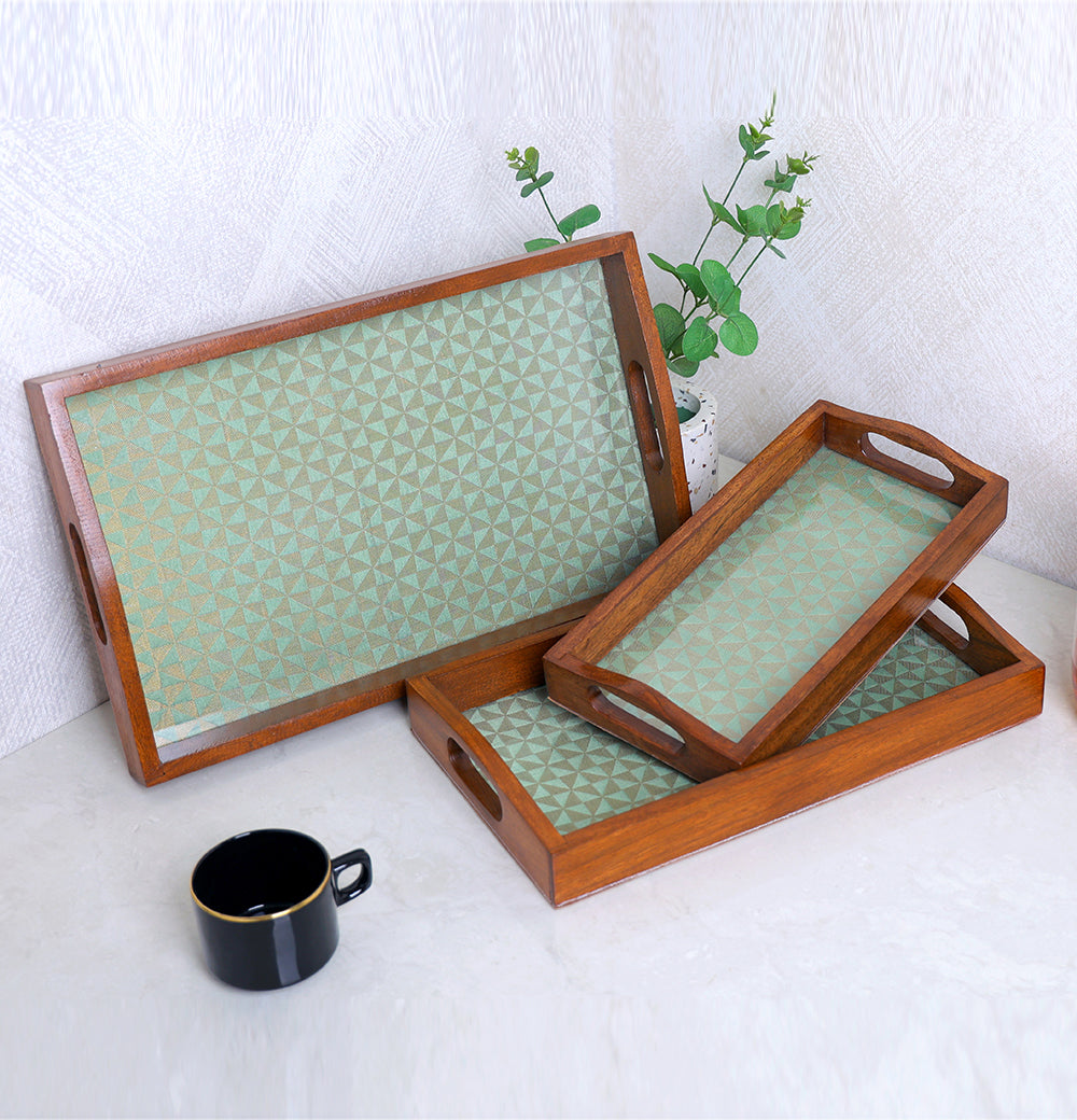 Set of 3 Rectangle Decorative wooden serving tray Green
