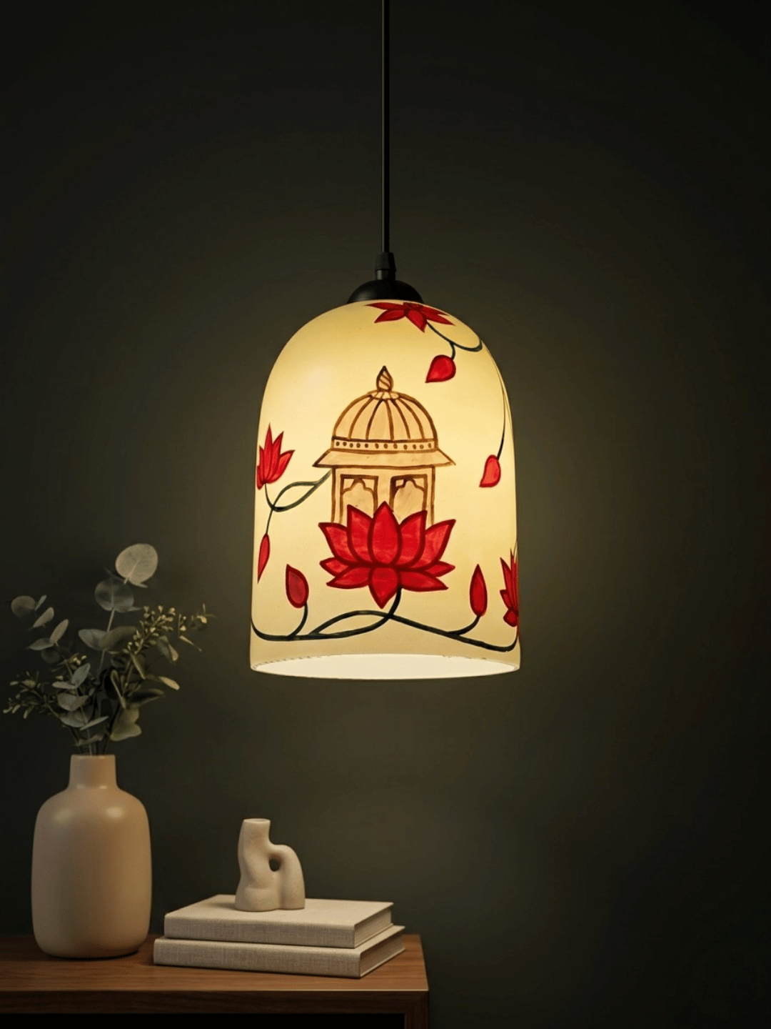 Royal Jharokha arch design hand-painted on a dome glass hanging pendant lamp