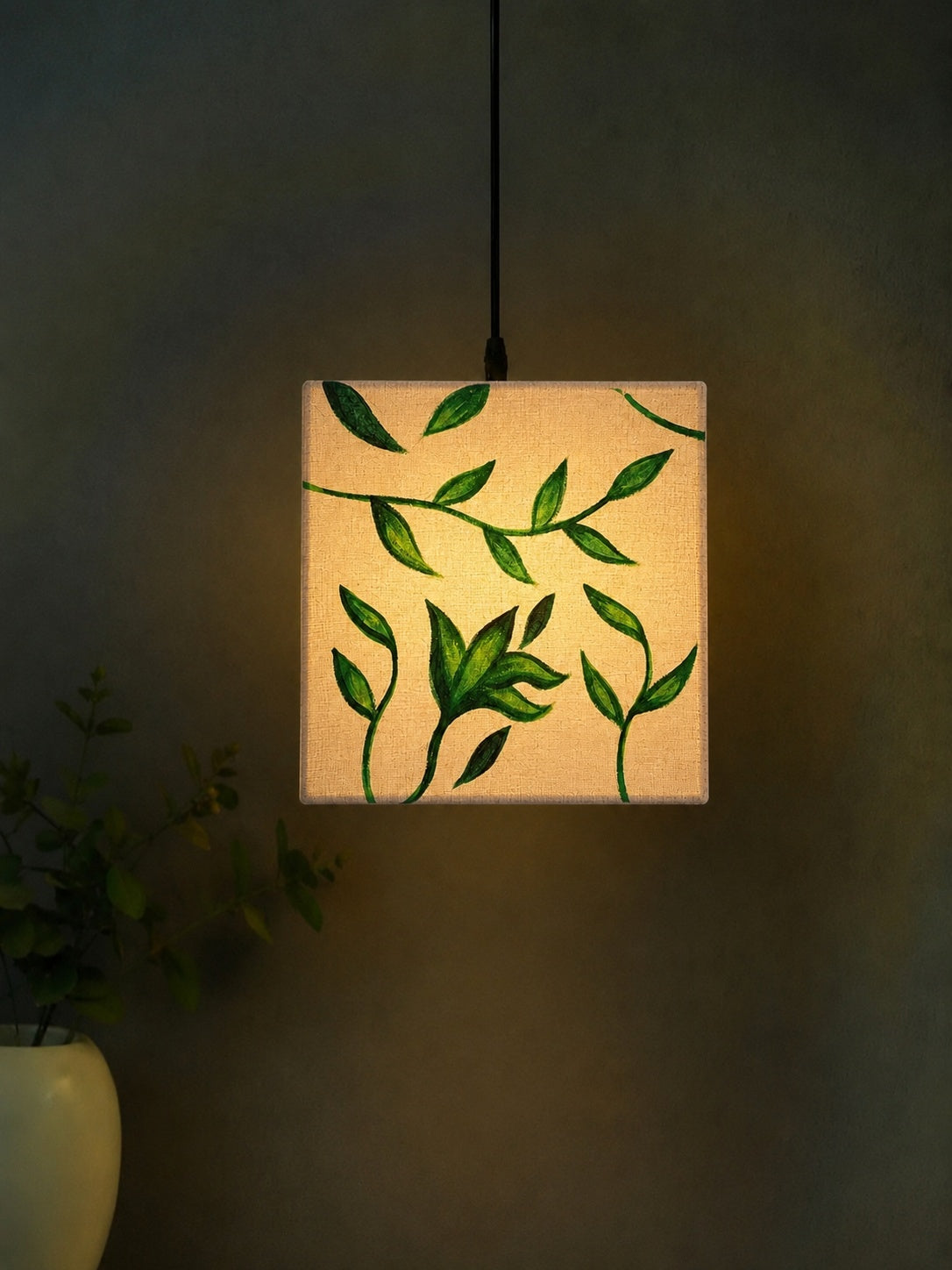 Green verdant foliage design hand-painted on a cube fabric pendant lamp