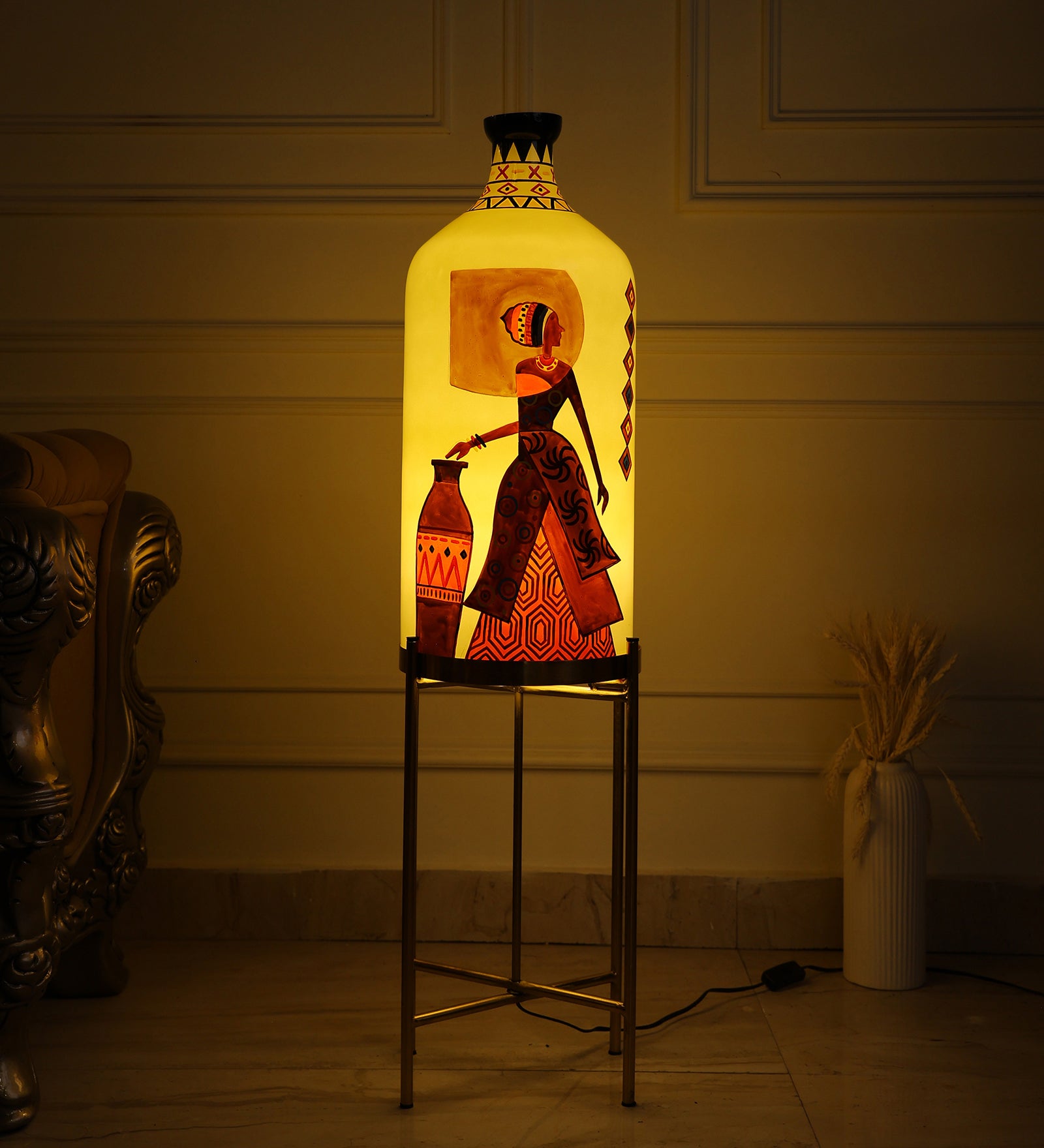 Belly Lady Hand Painted Floor Lamp With Foldable Metal Stand