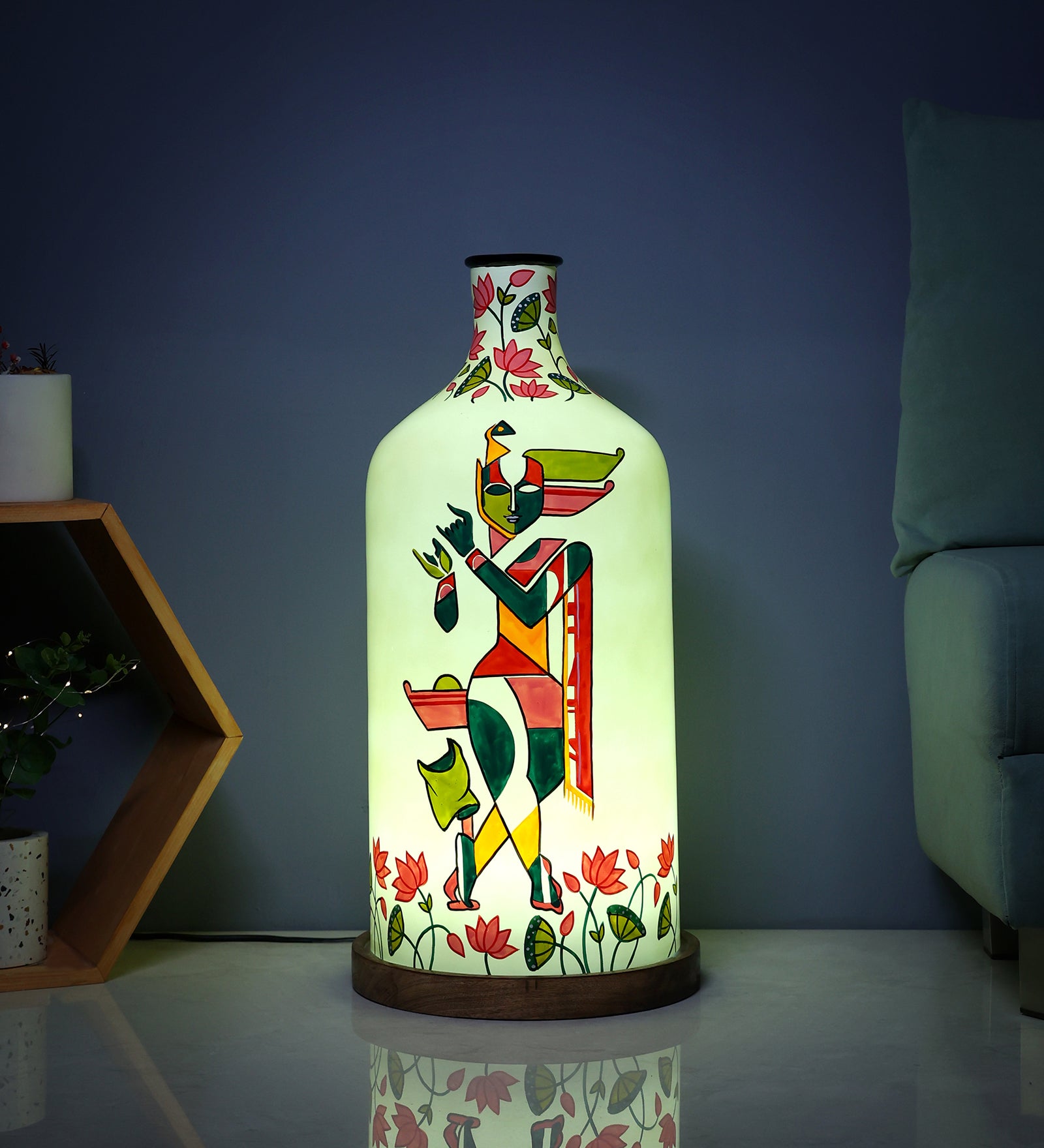 Auspicious Krishna Hand Painted White Glass Shade Table Lamp