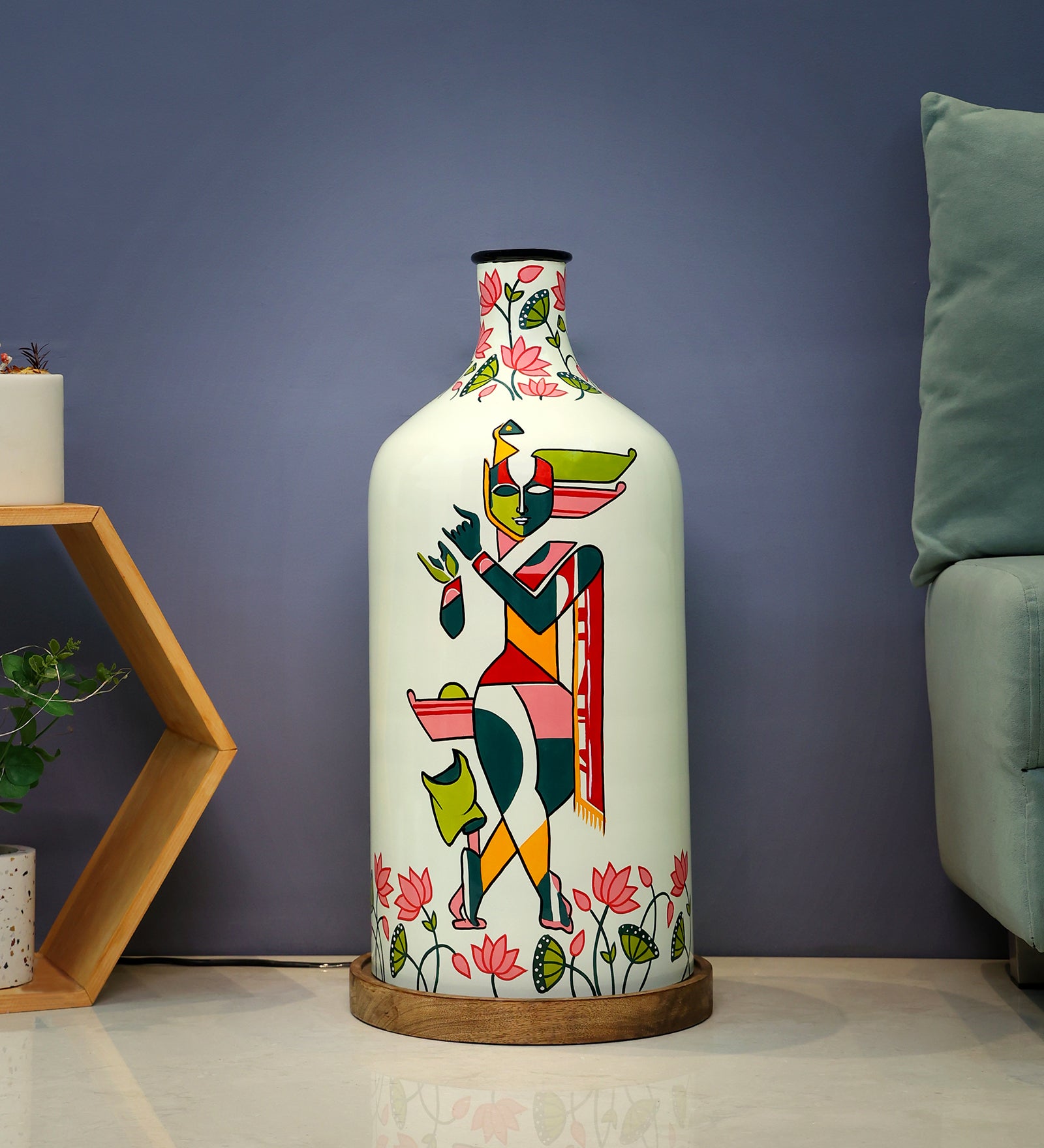 Auspicious Krishna Hand Painted White Glass Shade Table Lamp