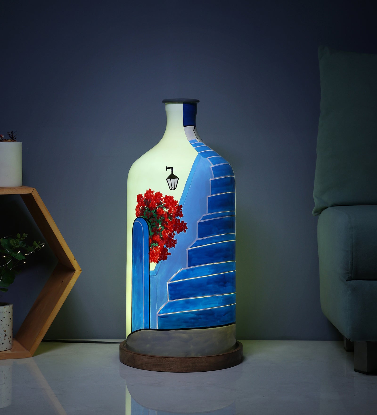 Escalier Flight Hand Painted White Glass Shade Table Lamp