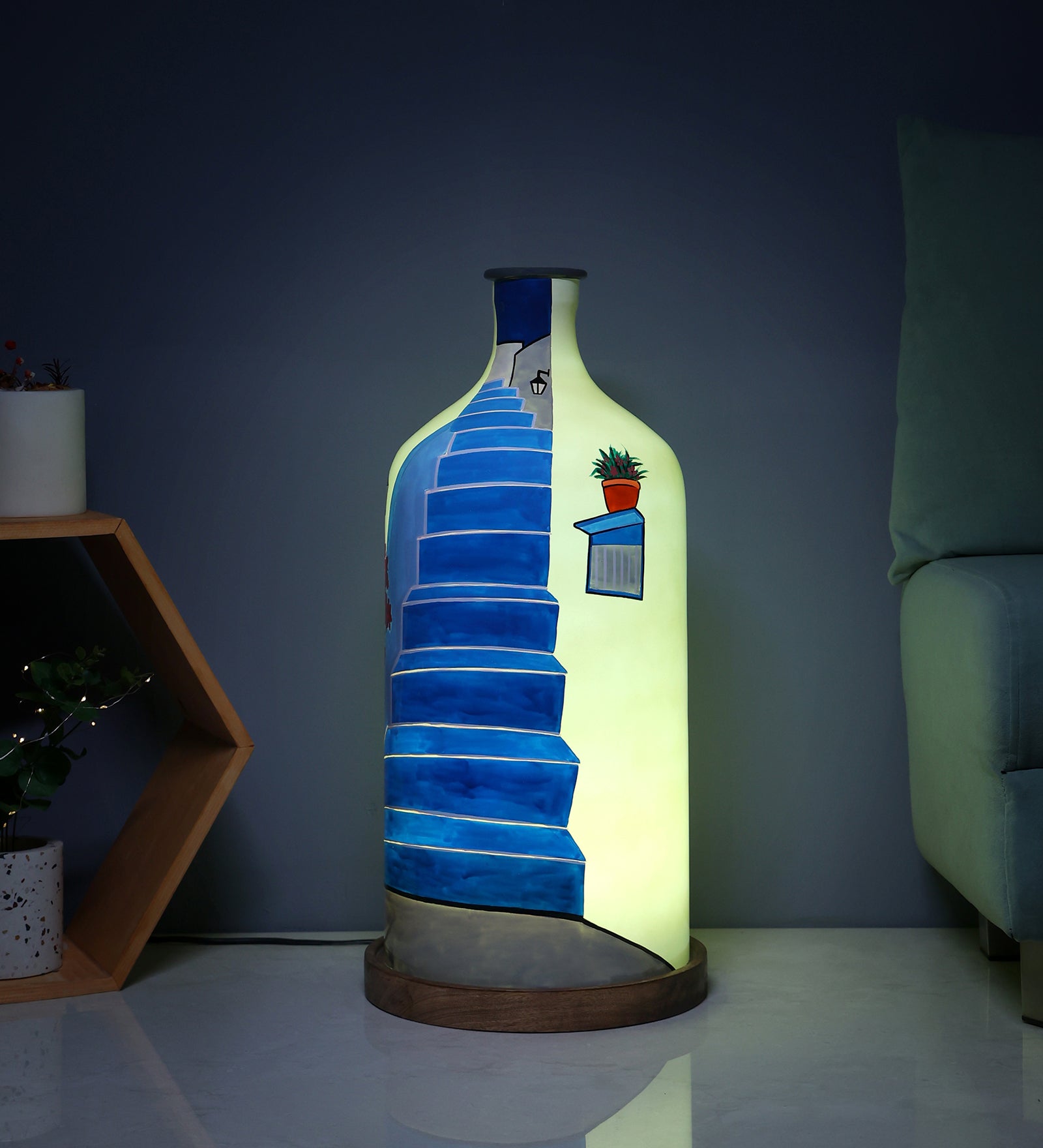 Escalier Flight Hand Painted White Glass Shade Table Lamp