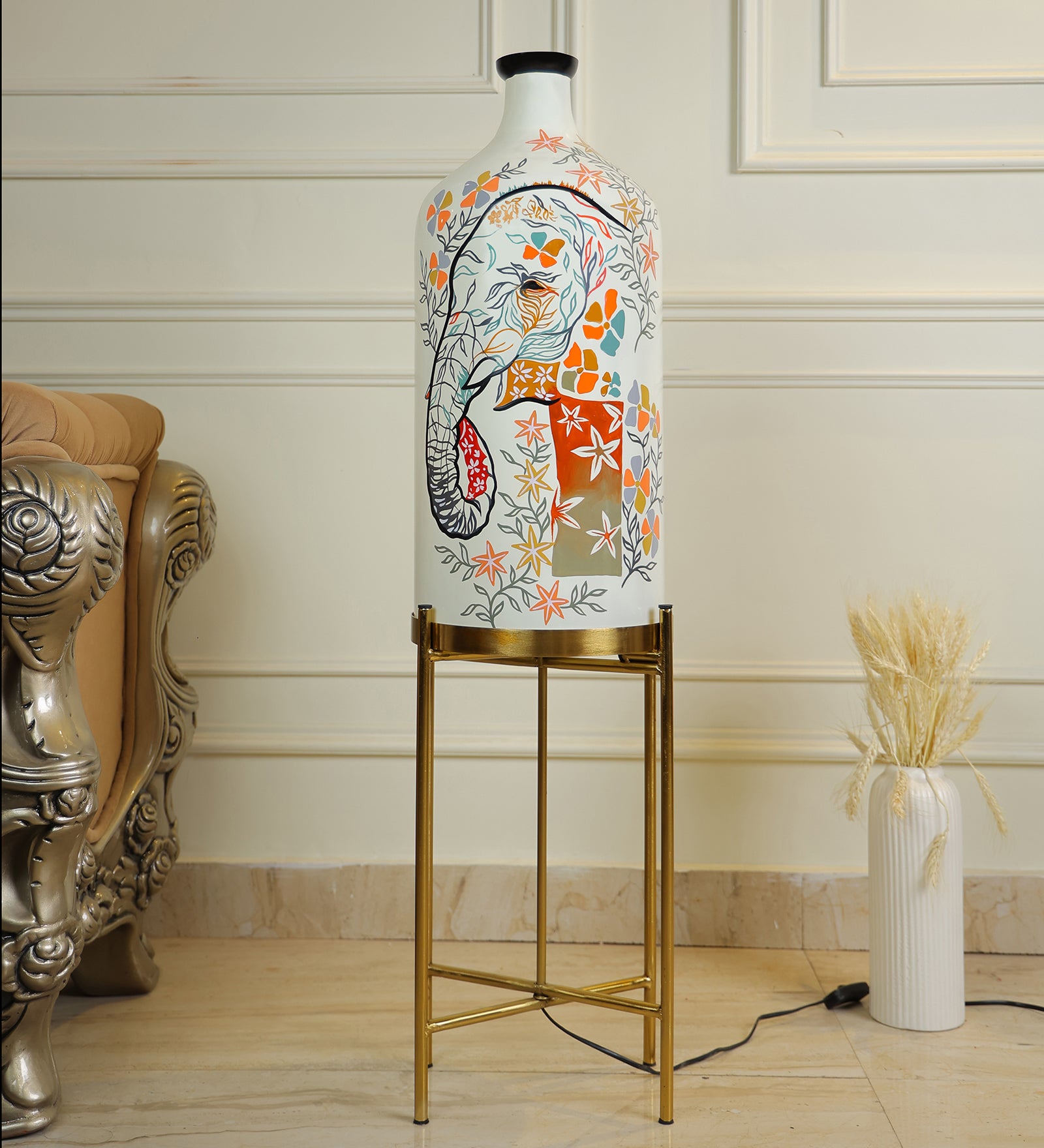 Ivory Bearer Floor Lamp with Foldable Metal Stand