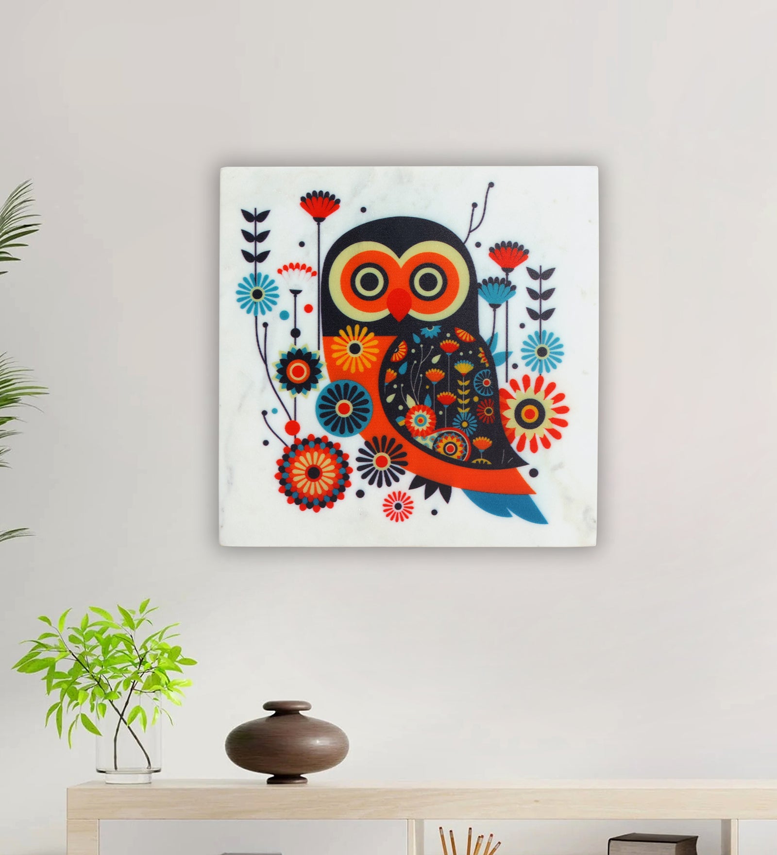 Vibrant Owl Marble Wall Art