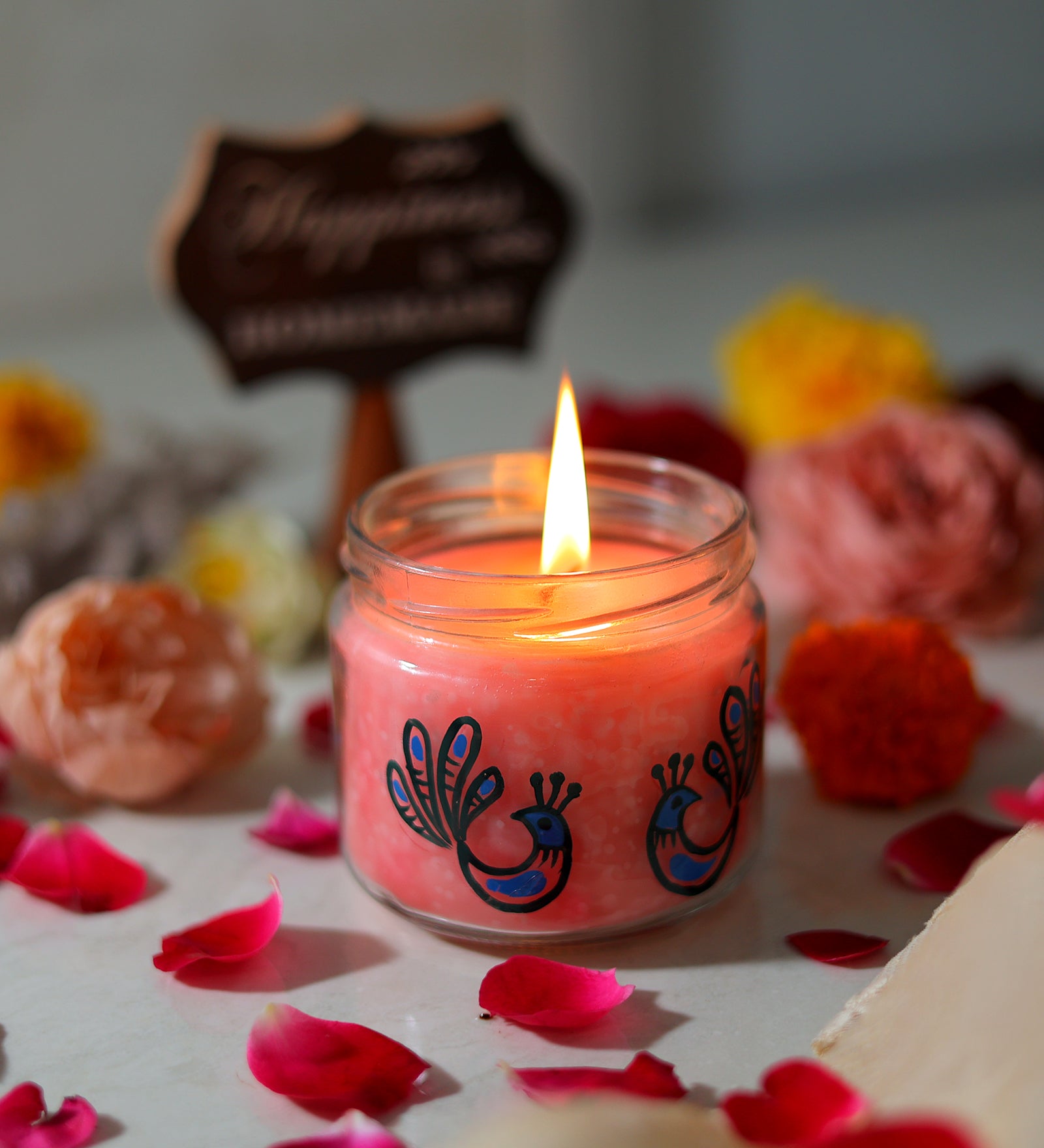 Chic Peacock Hand Painted Glass Candle Jar