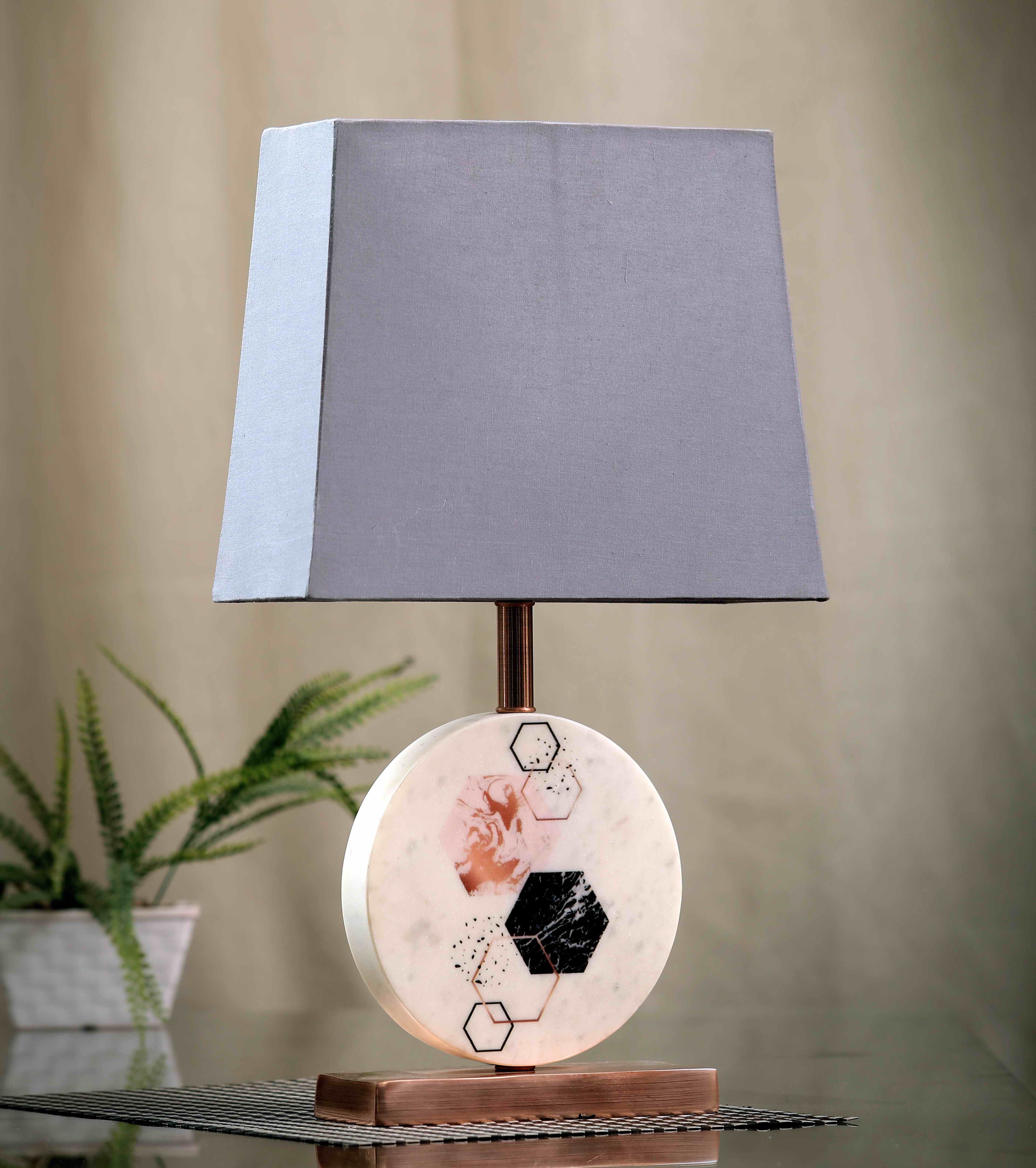 Hexagon Round Marble Table Lamp Grey Copper