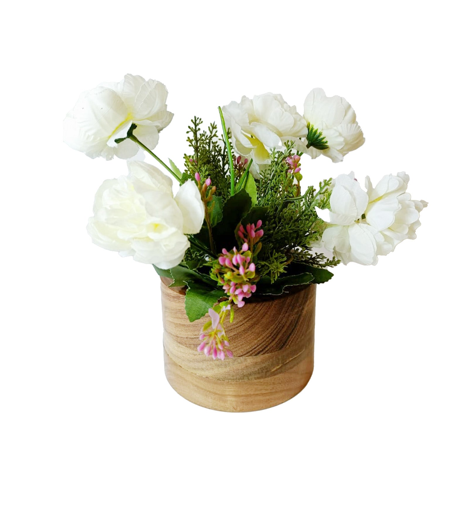 Round Wooden Vase with Artificial Flowers