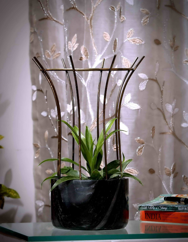 Green Marble Base with Brass Antique Metal Reticulation Planter