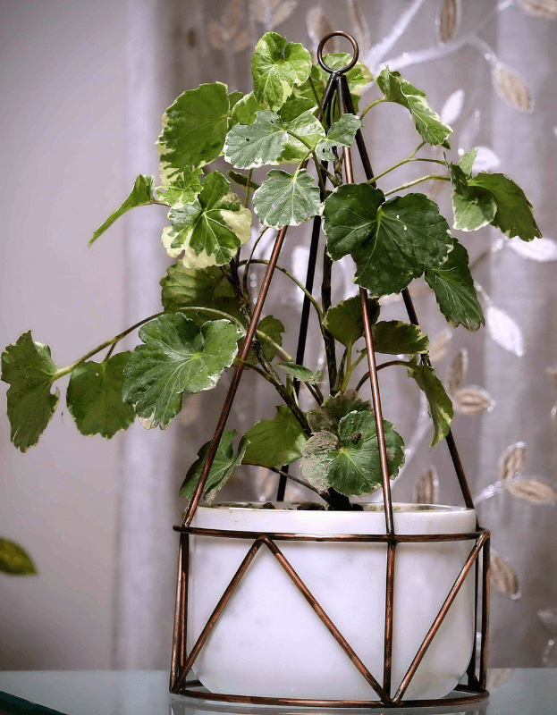 White Marble Base with Copper Antique Metal Filigree Planter