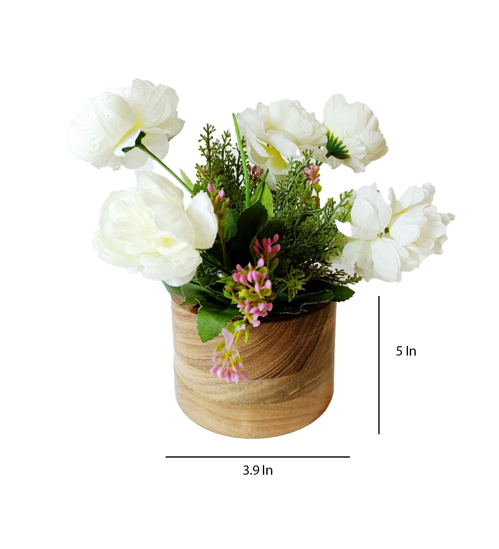 Round Wooden Vase with Artificial Flowers