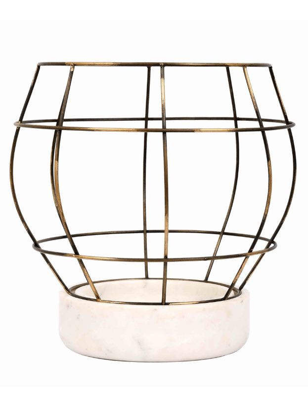 White Marble Base with Brass Antique Metal Net Planter
