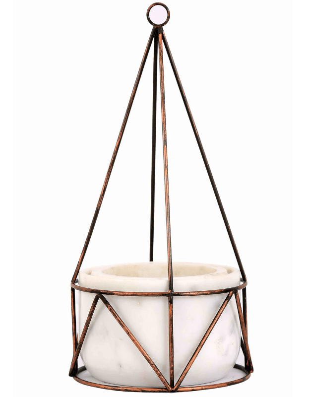 White Marble Base with Copper Antique Metal Filigree Planter