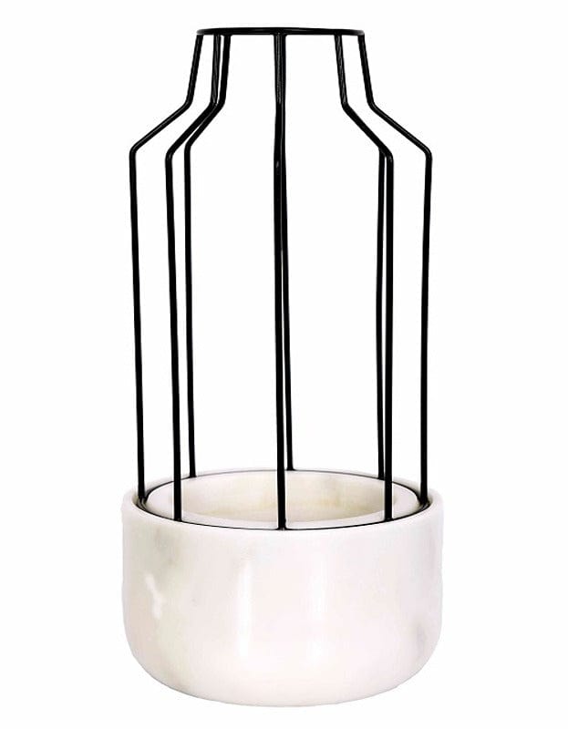 White Marble Base with Black Metal Mesh Planter