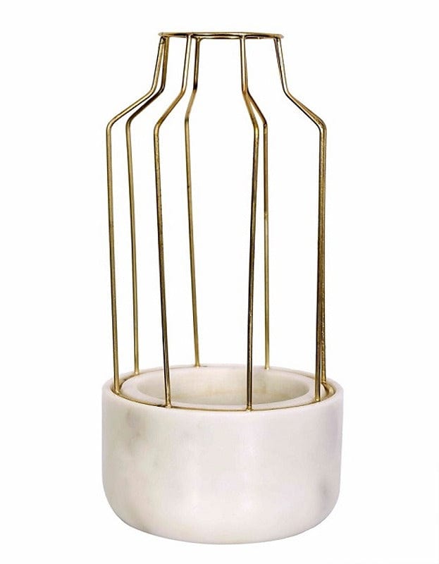 White Marble Base with Gold Metal Mesh Planter