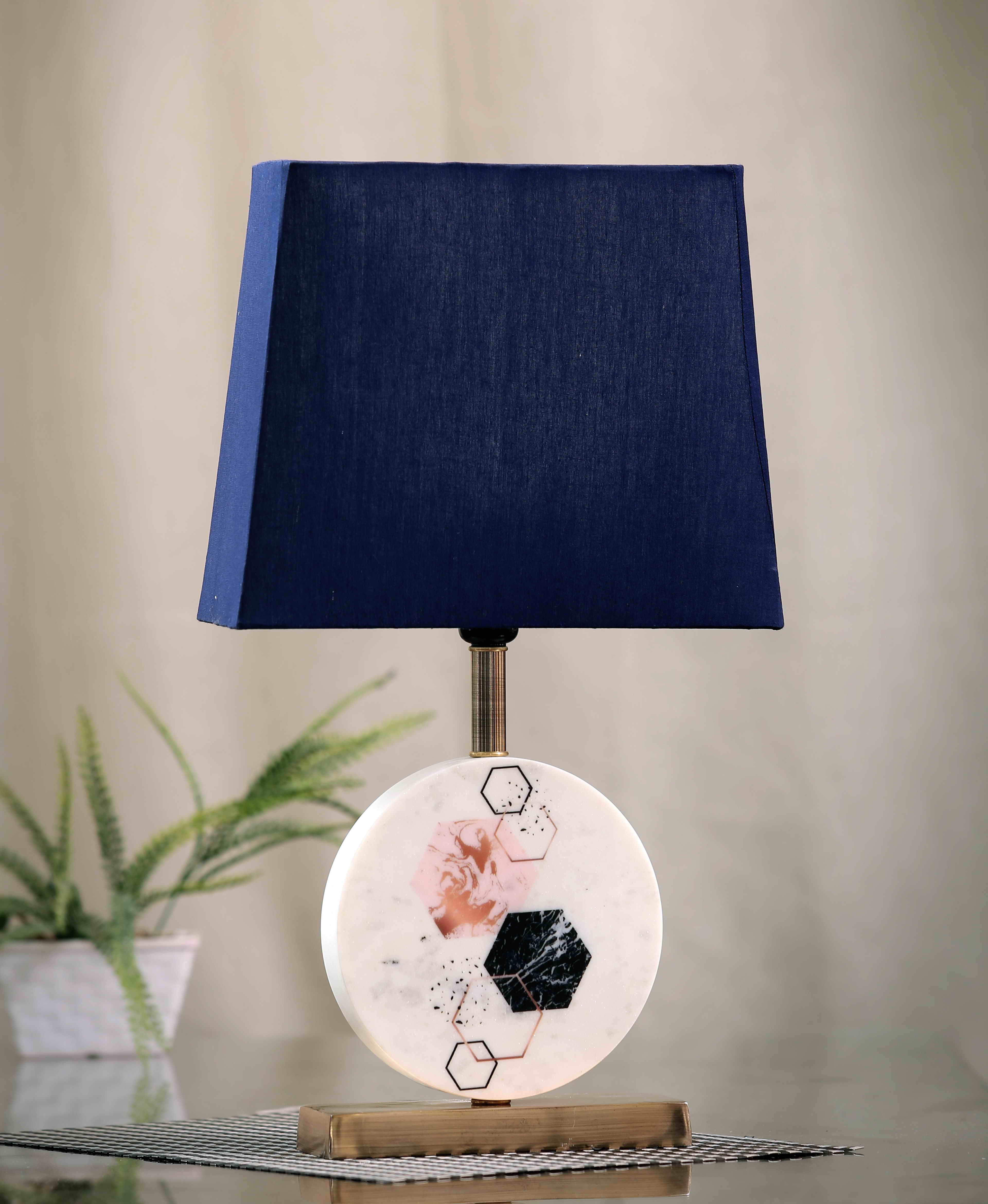 Hexagon Round Marble Table Lamp Blue Brass