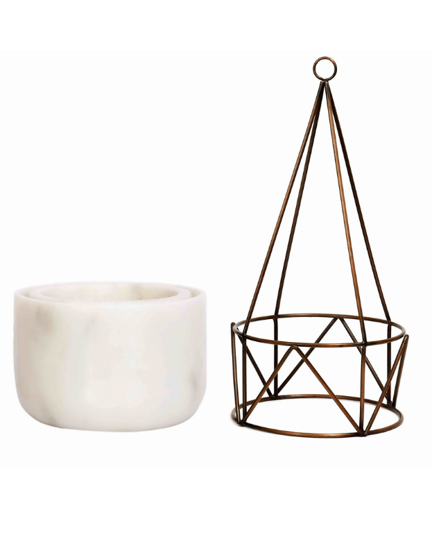 White Marble Base with Copper Antique Metal Filigree Planter