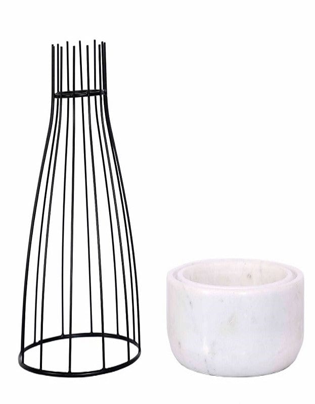 White Marble Base with Black Metal Web Planter
