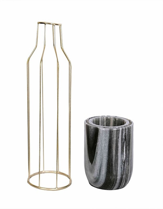 Grey Marble Base with Gold Metal Mesh Planter