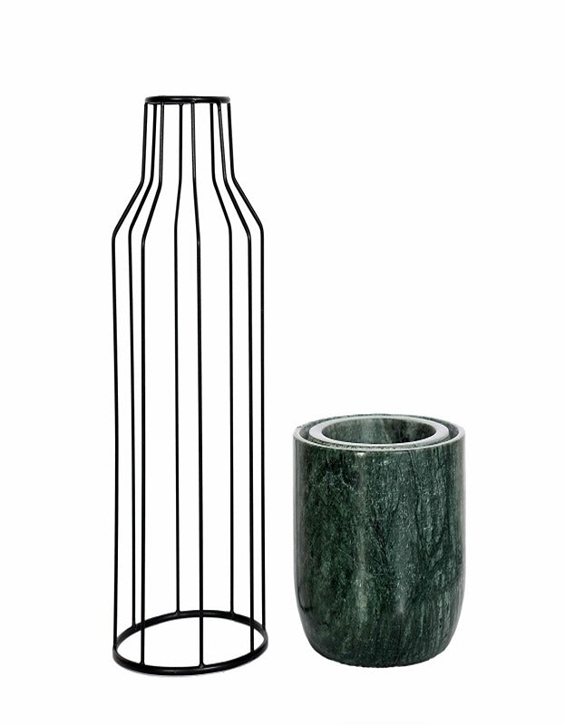 Green Marble Base with Black Metal Mesh Planter