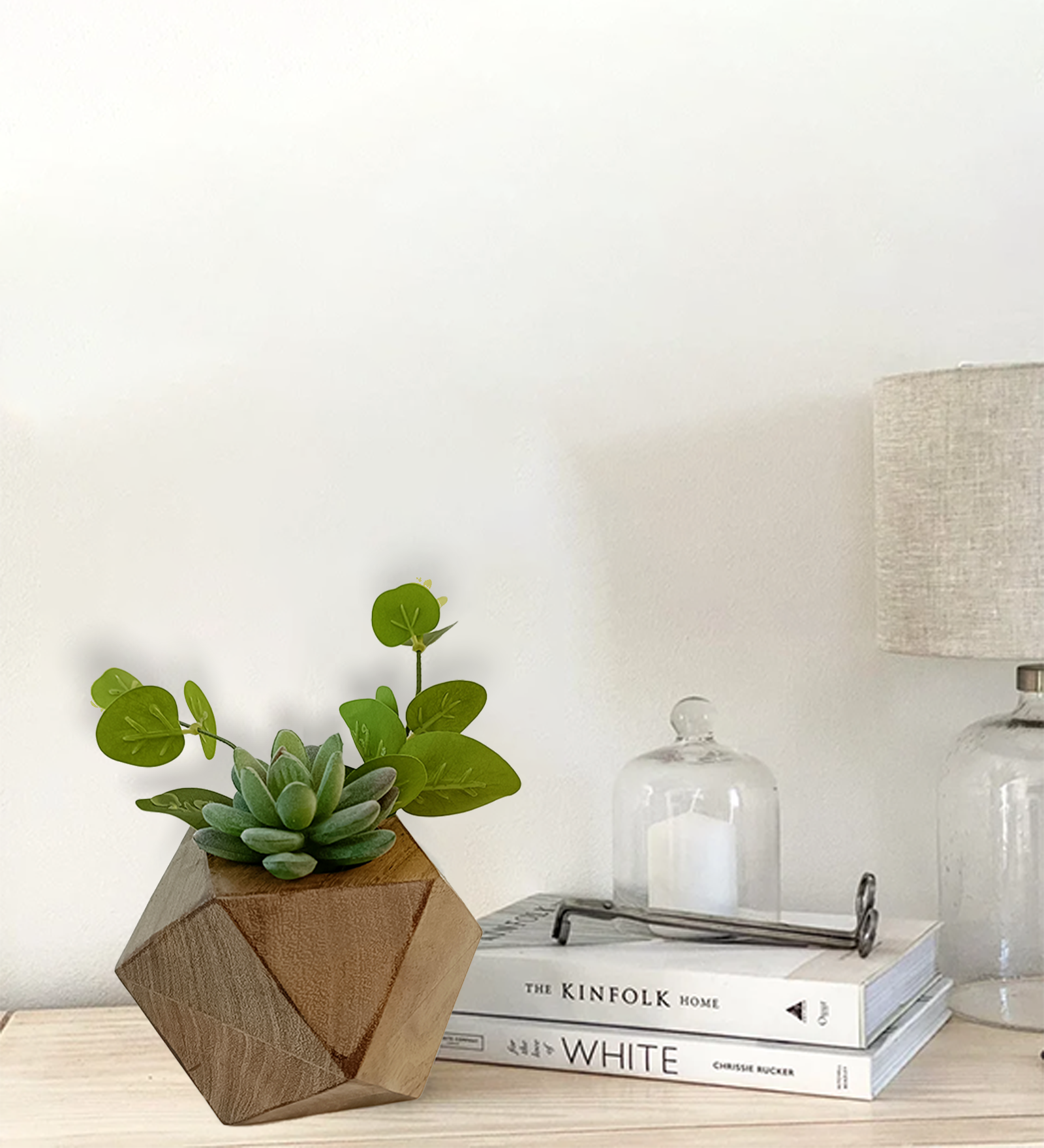 Small Hexagon Wooden Vase with Artificial Succulent Plant