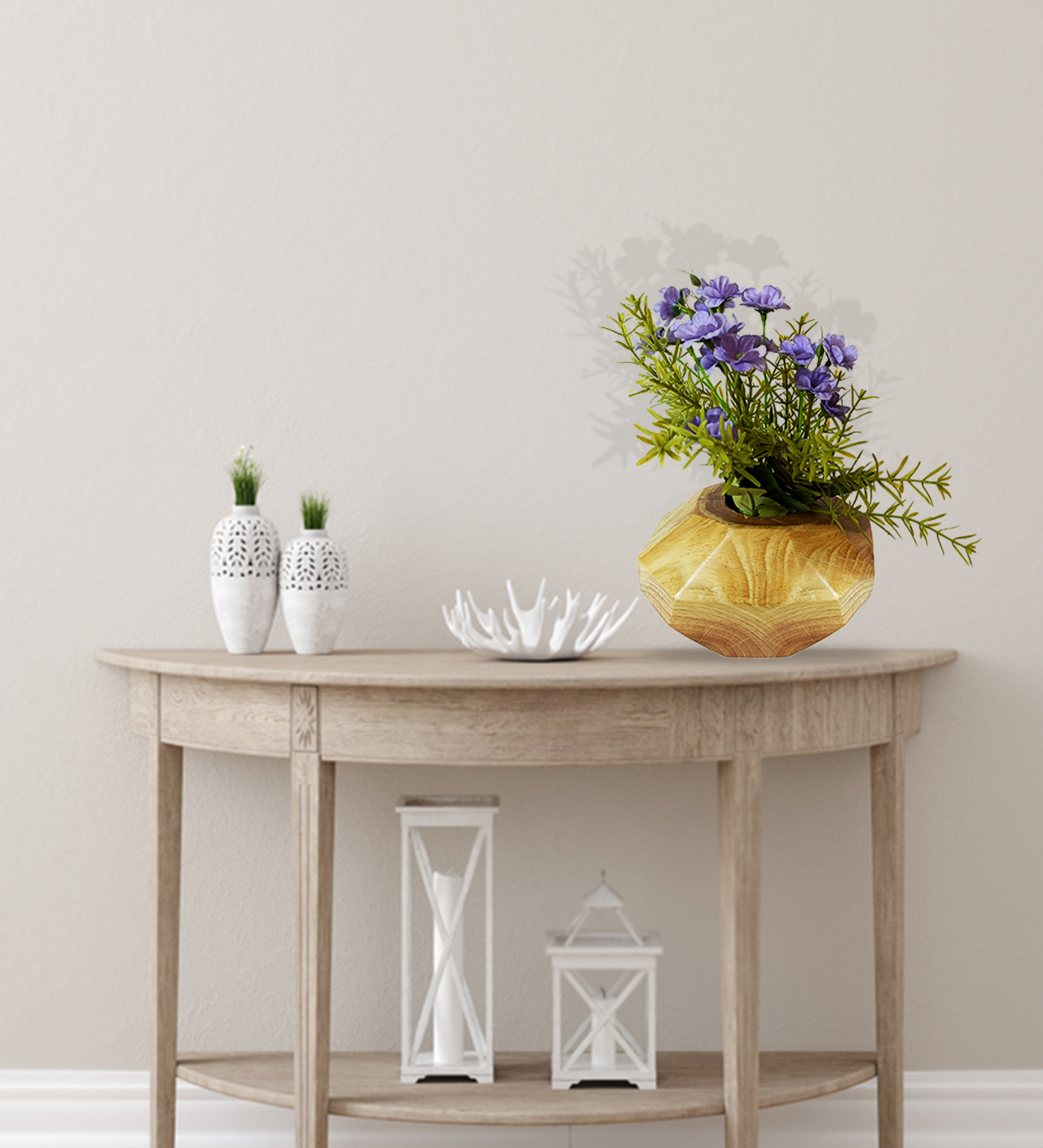 Diamond Wooden Vase with Artificial Flowers