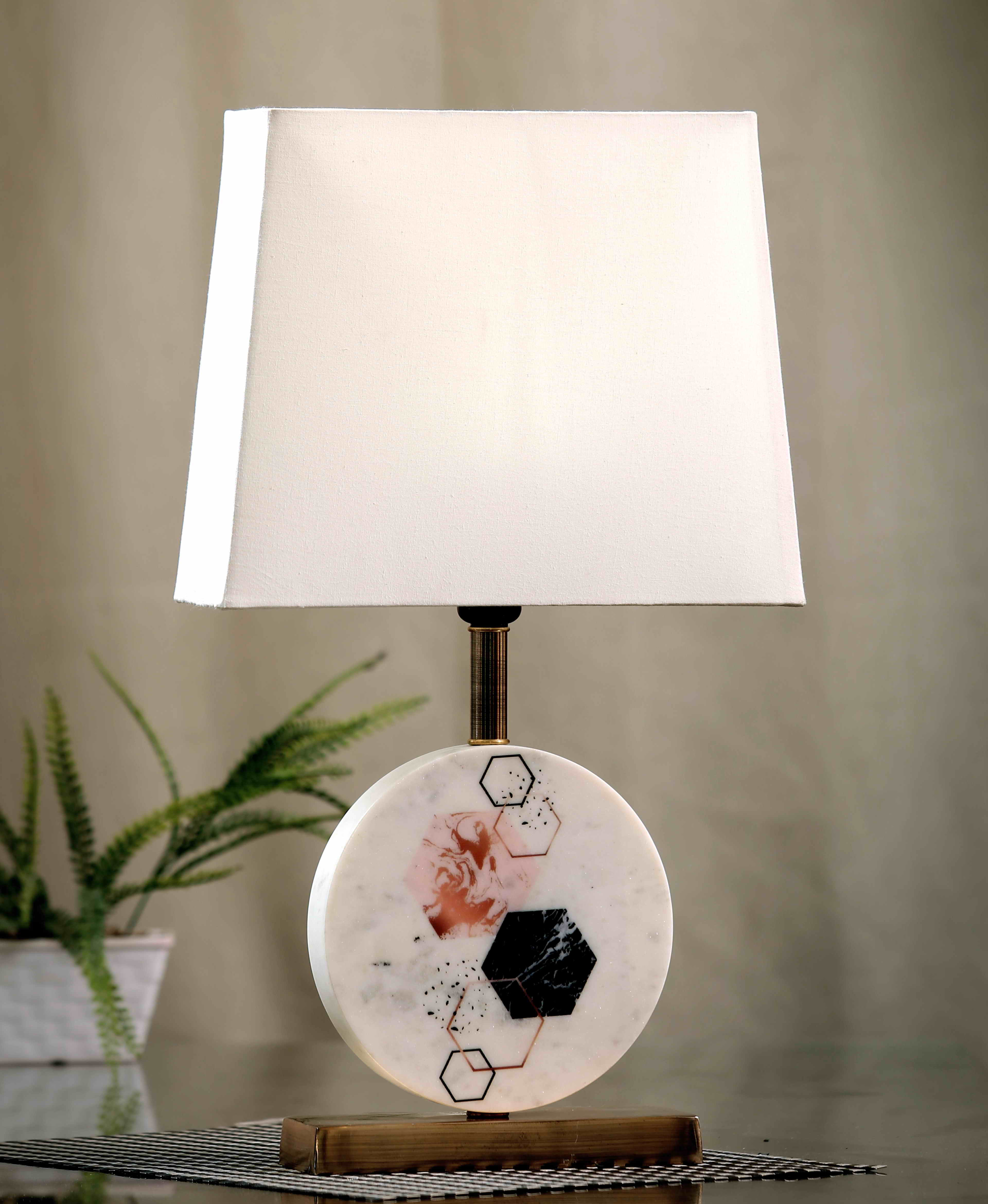 Hexagon Round Marble Table Lamp White Brass