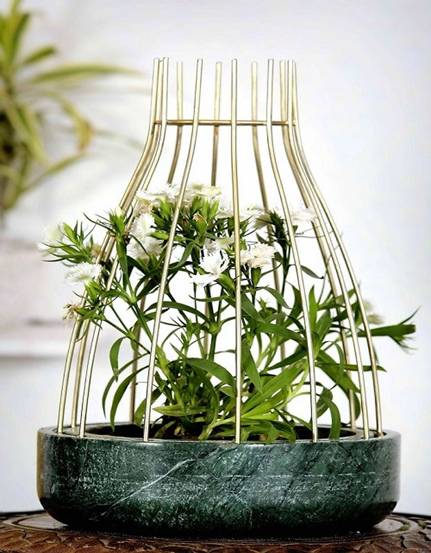Green Marble Base with Gold Metal Web Planter