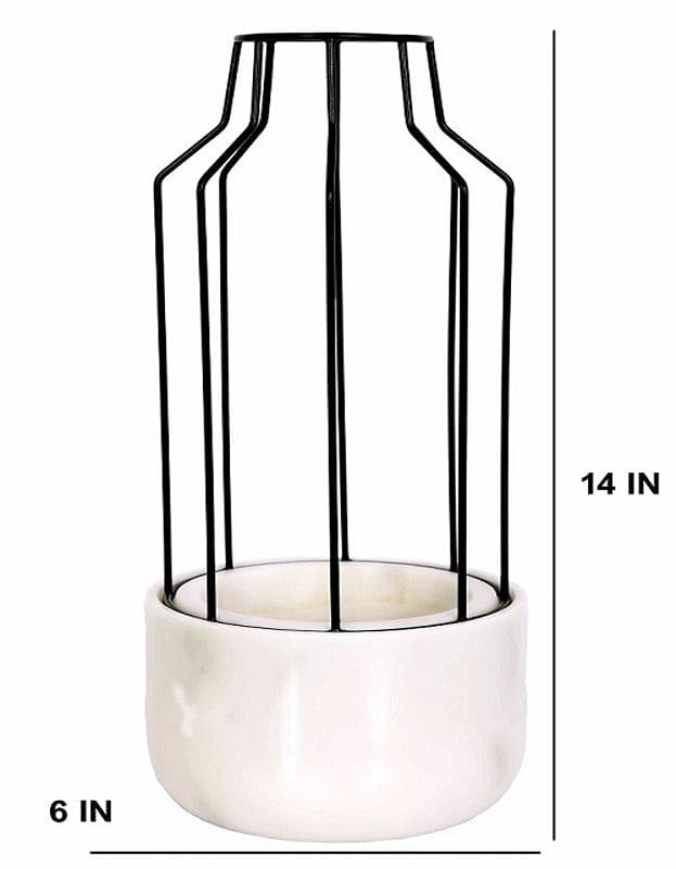 White Marble Base with Black Metal Mesh Planter