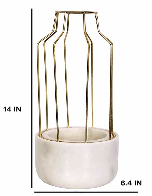 White Marble Base with Gold Metal Mesh Planter