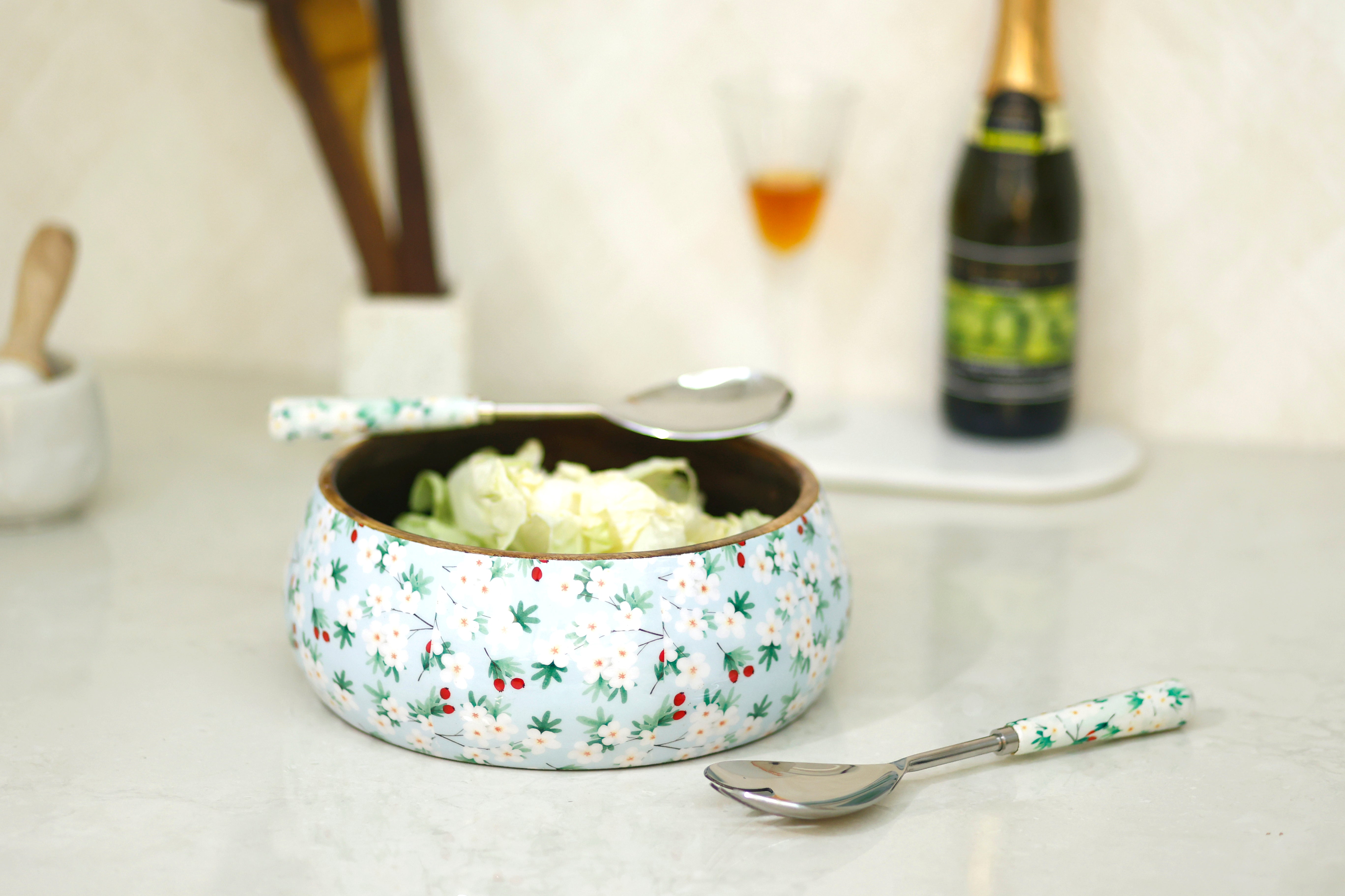 Flowered Salad Bowl with Servers