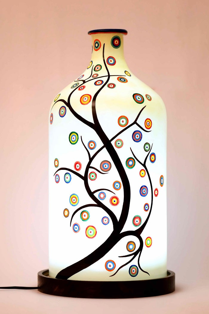 Artful Timber Hand Painted White Glass Shade Table Lamp