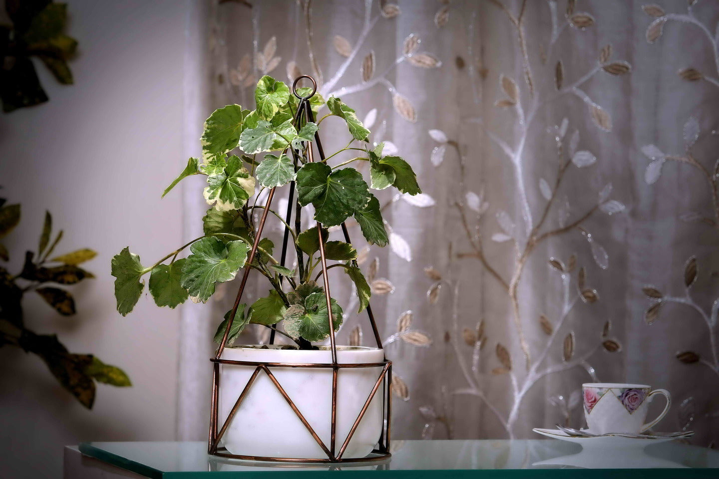 White Marble Base with Copper Antique Metal Filigree Planter