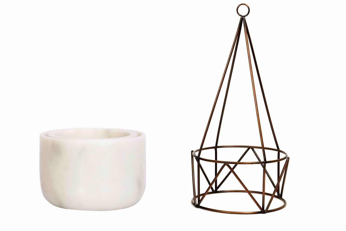 White Marble Base with Copper Antique Metal Filigree Planter