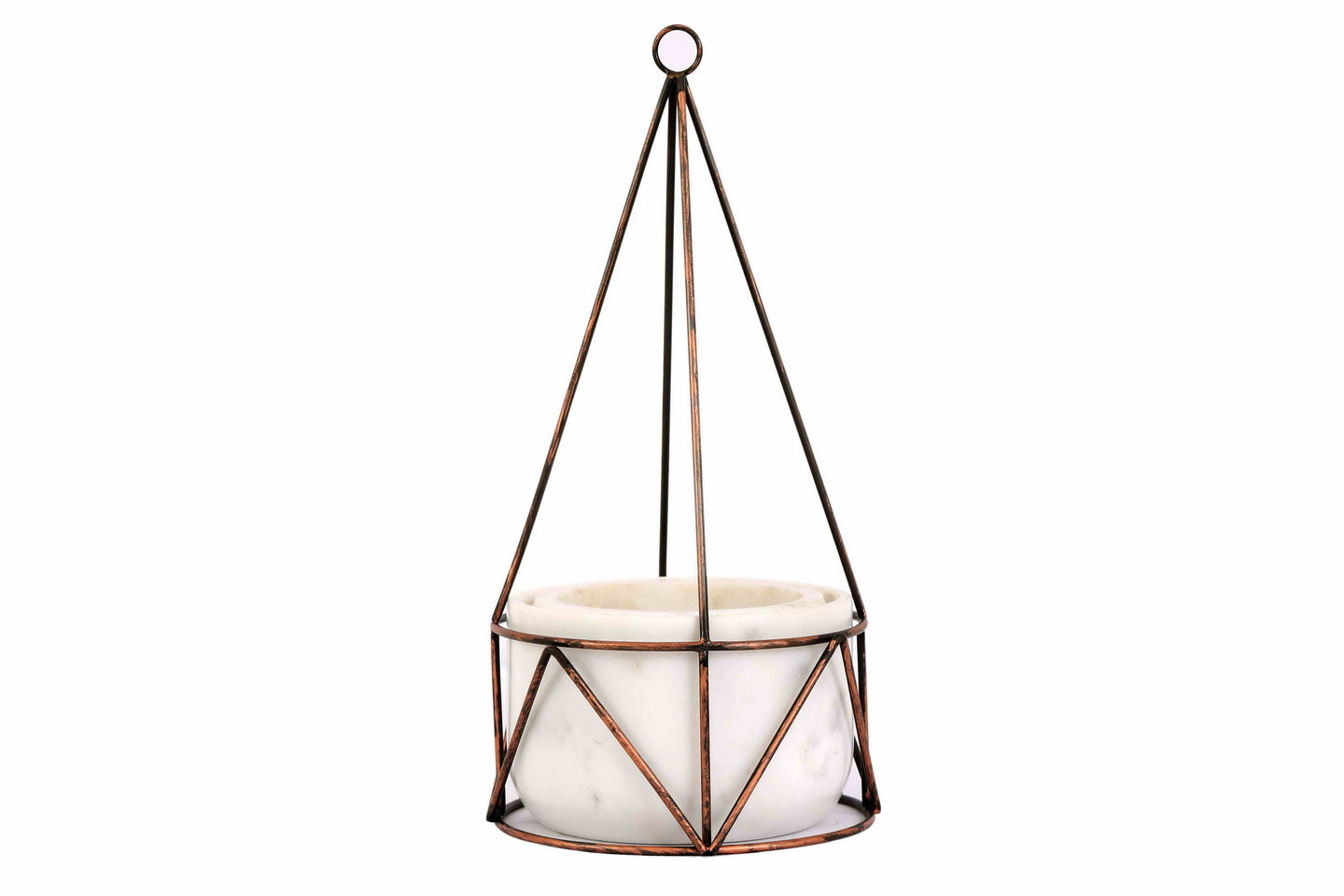 White Marble Base with Copper Antique Metal Filigree Planter