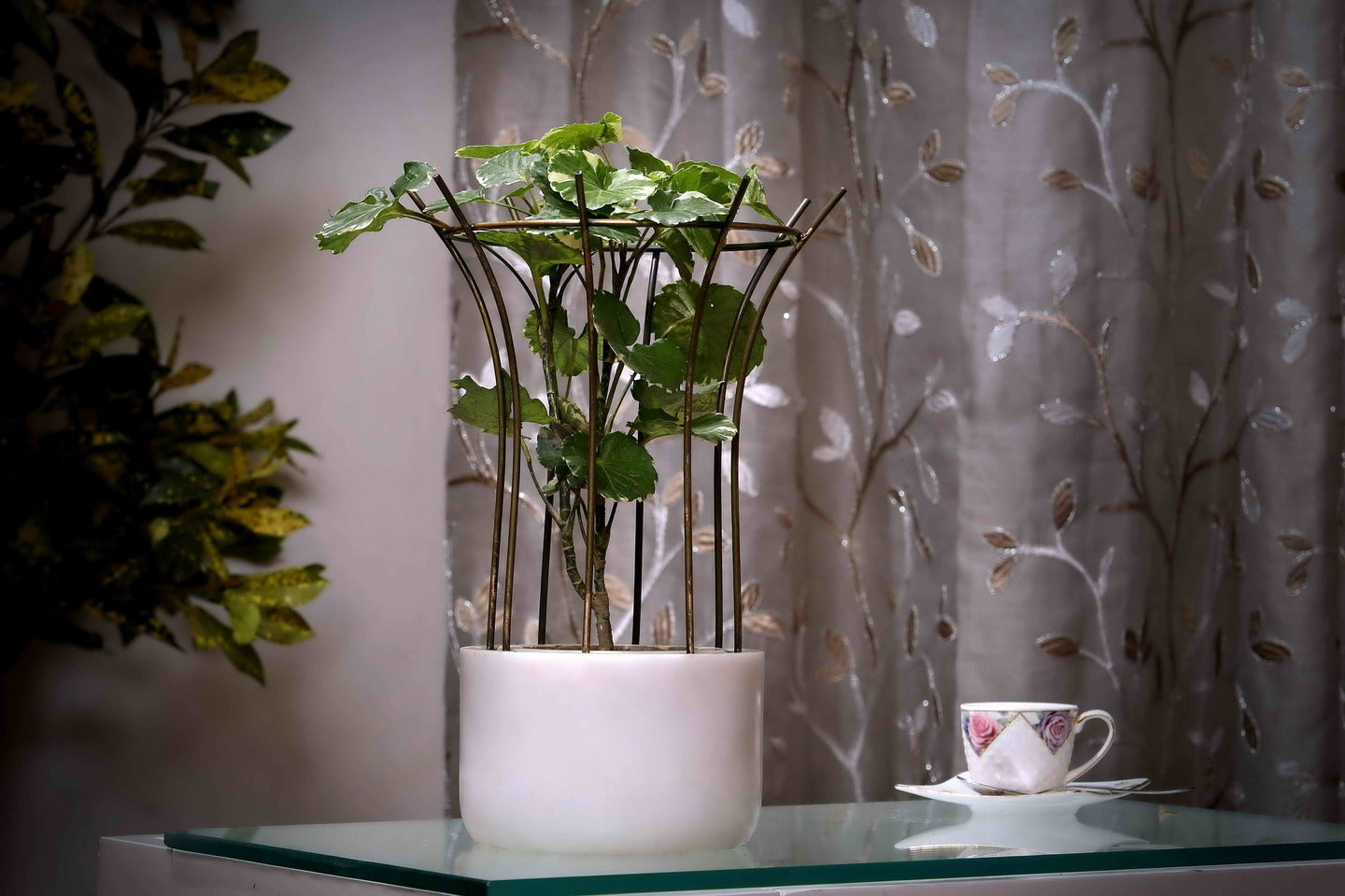 White Marble Base with Brass Antique Metal Reticulation Planter