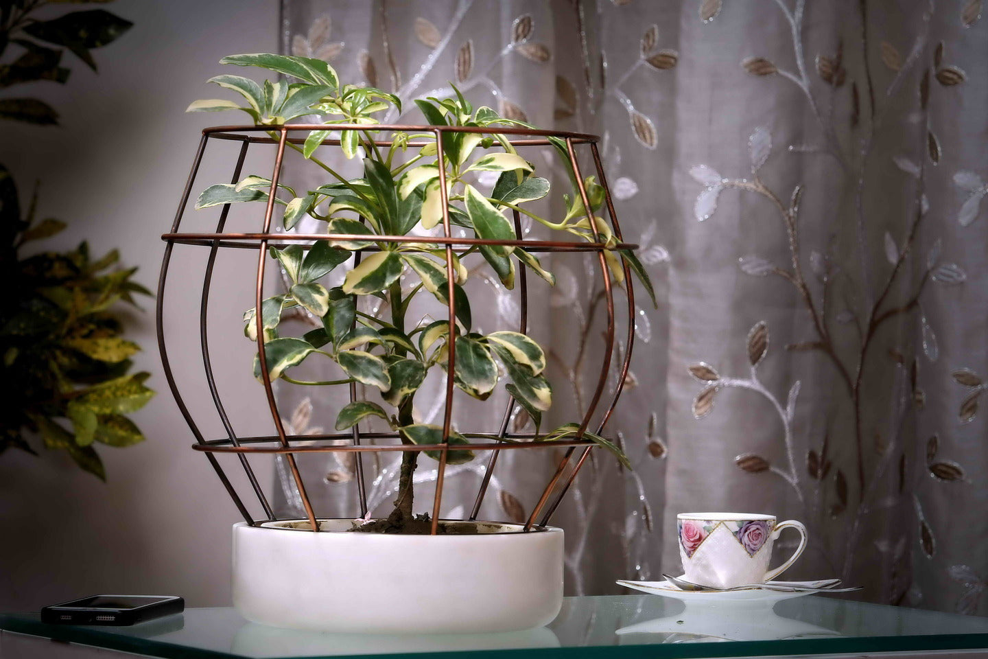 White Marble Base with Copper Antique Metal Net Planter