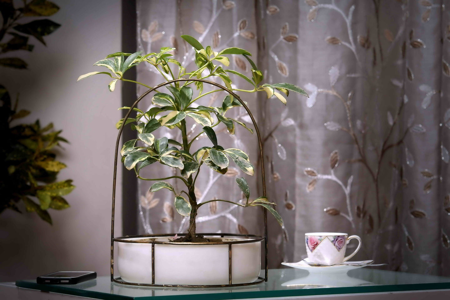 White Marble Base with Brass Antique Metal Trellis Planter