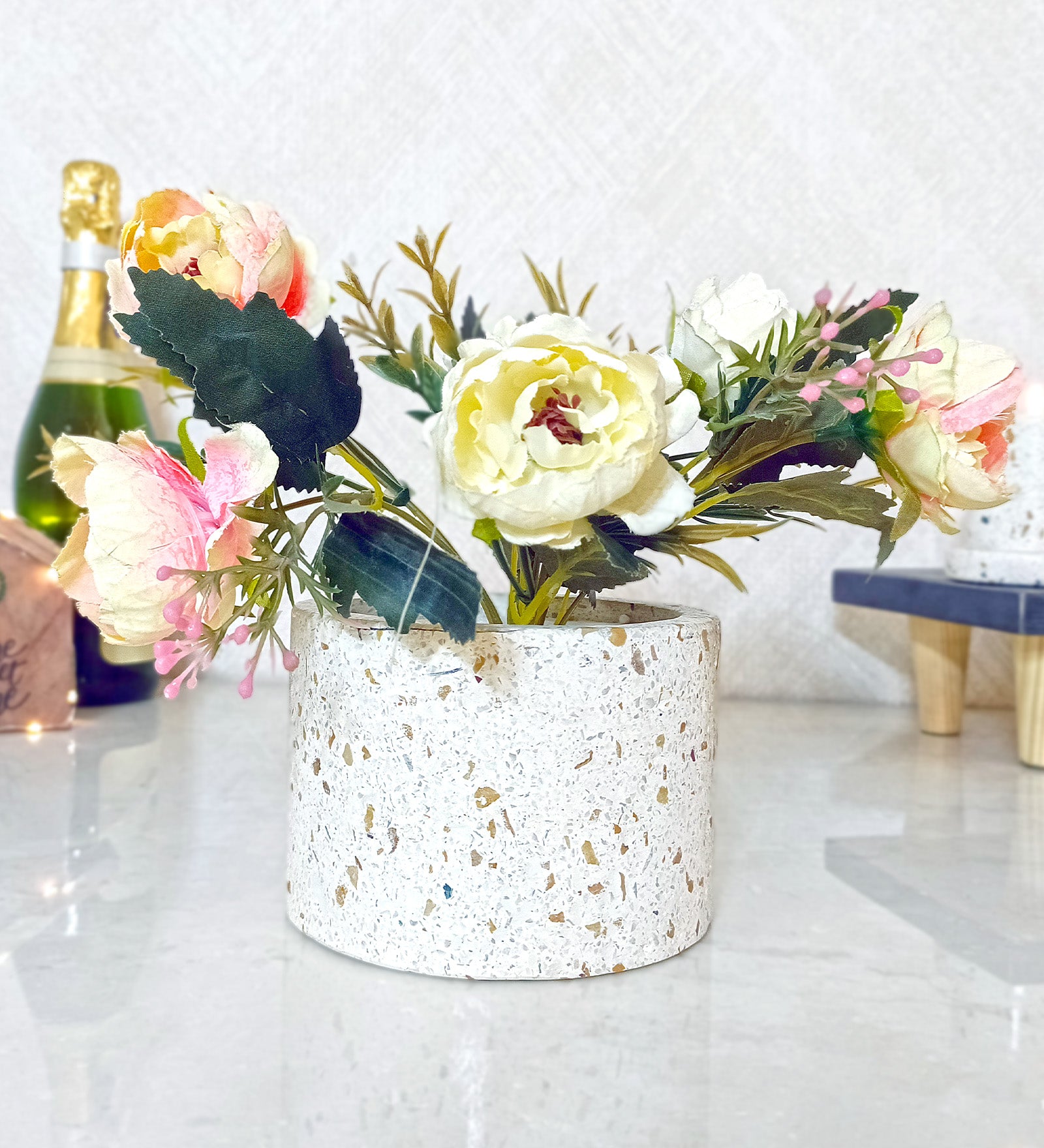 Cylindrical Terrazzo Vase with Artificial Plant