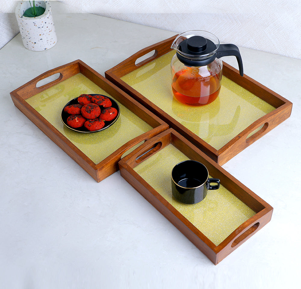 Set of 3 Rectangle Decorative wooden serving tray Yellow