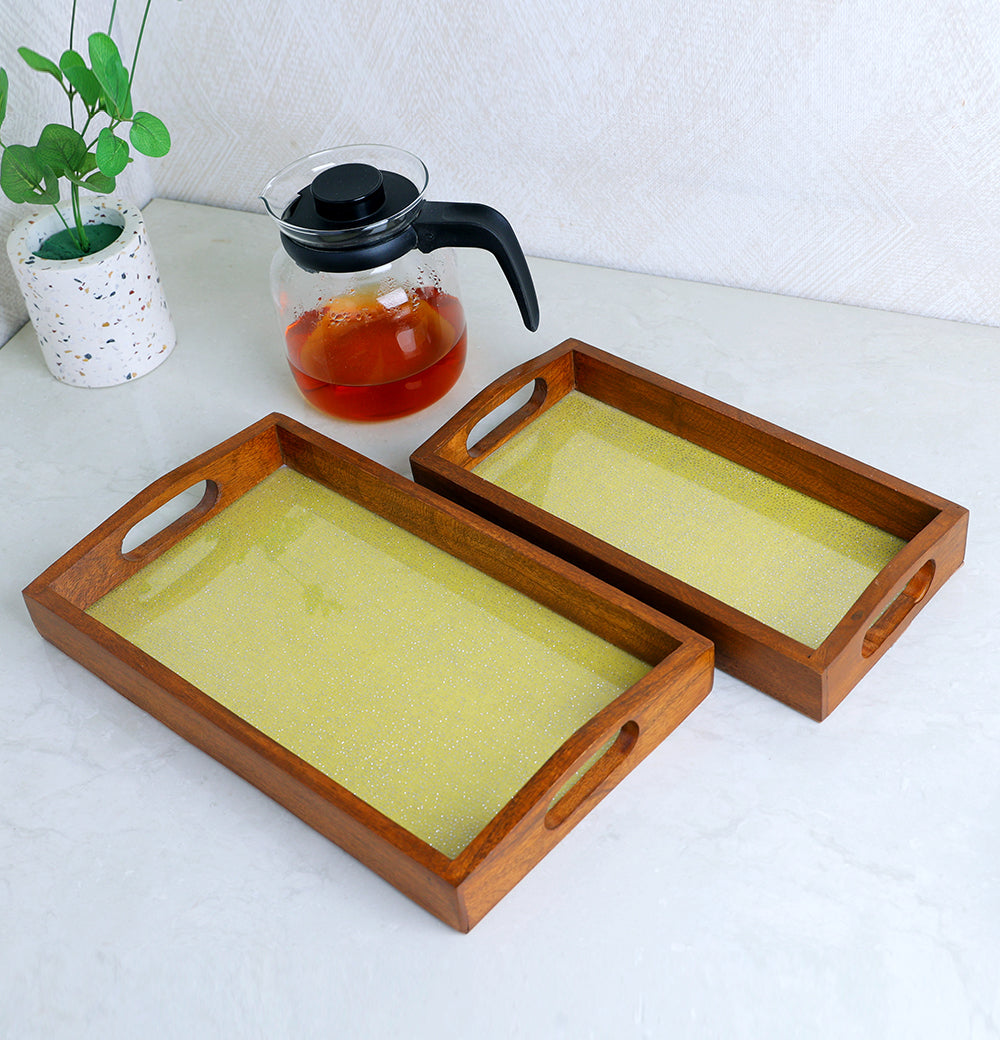 Set of 2 Rectangle Elegant Wooden Serving Tray 14"X8" & 12"X6" Yellow