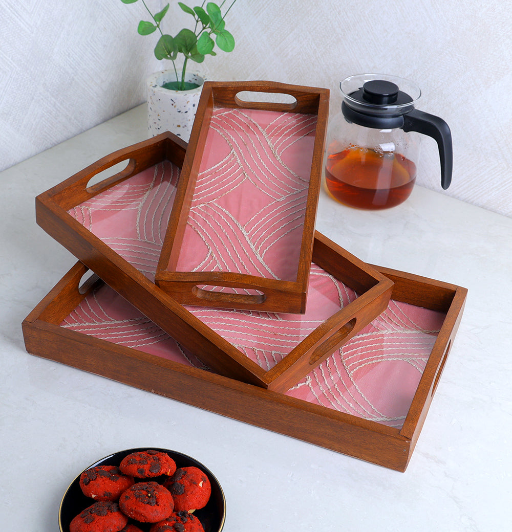 Set of 3 Rectangle Decorative wooden serving tray Pink