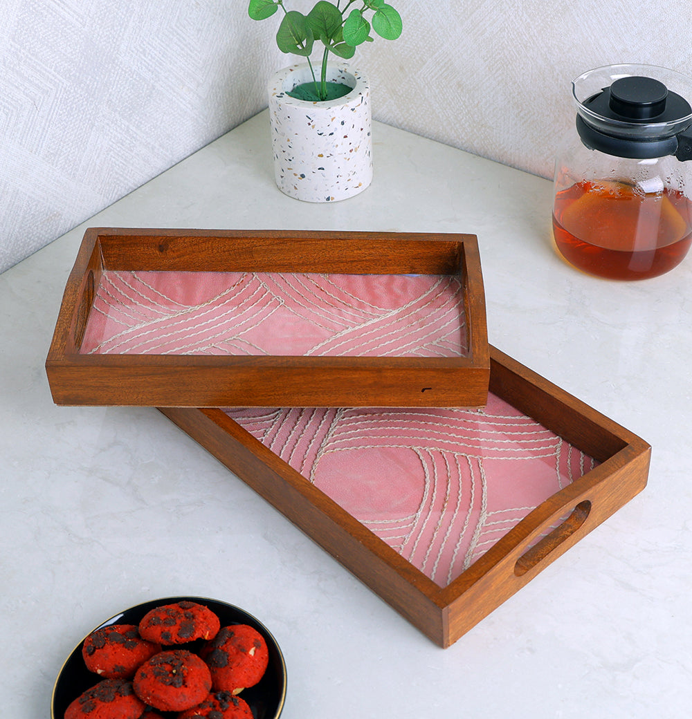 Set of 2 Rectangle Elegant Wooden Serving Tray 14"X8" & 12"X6" Pink