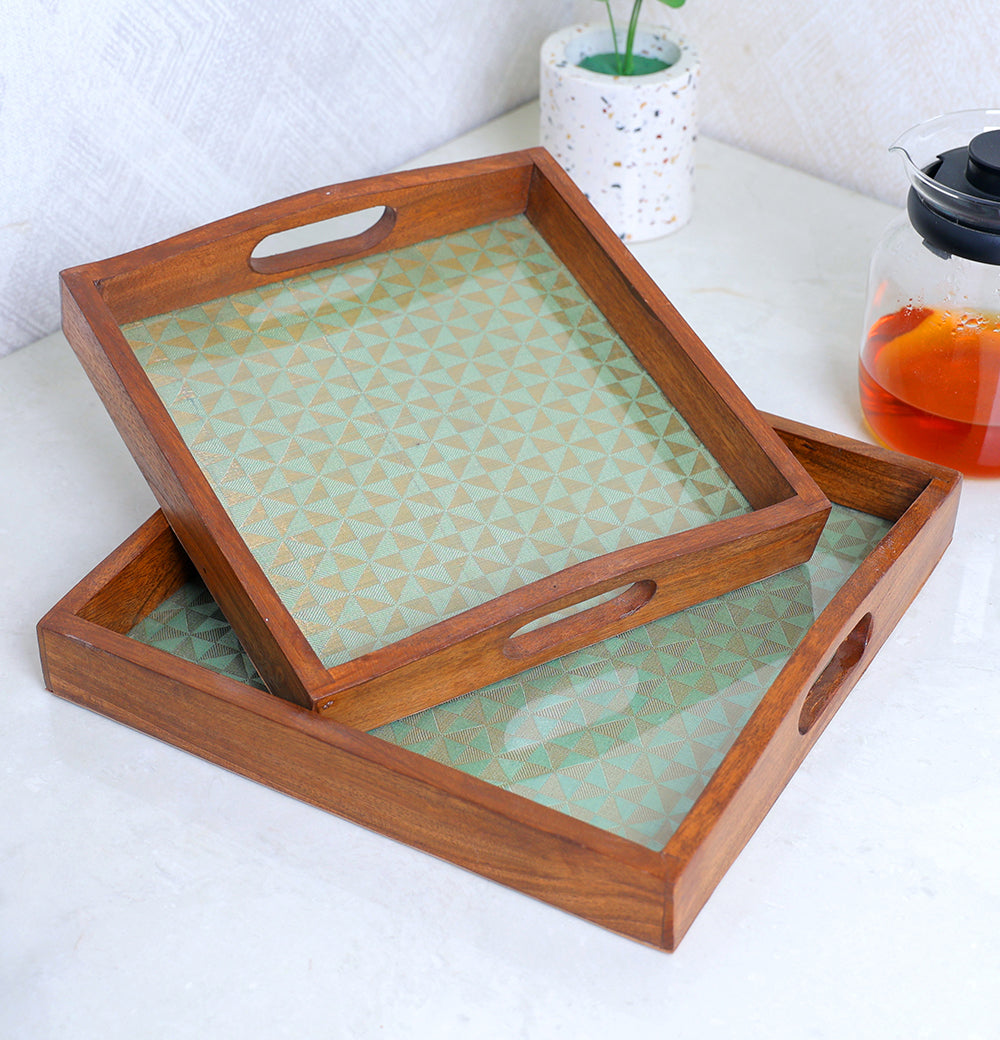 Set of two square exquisite wooden serving tray Green