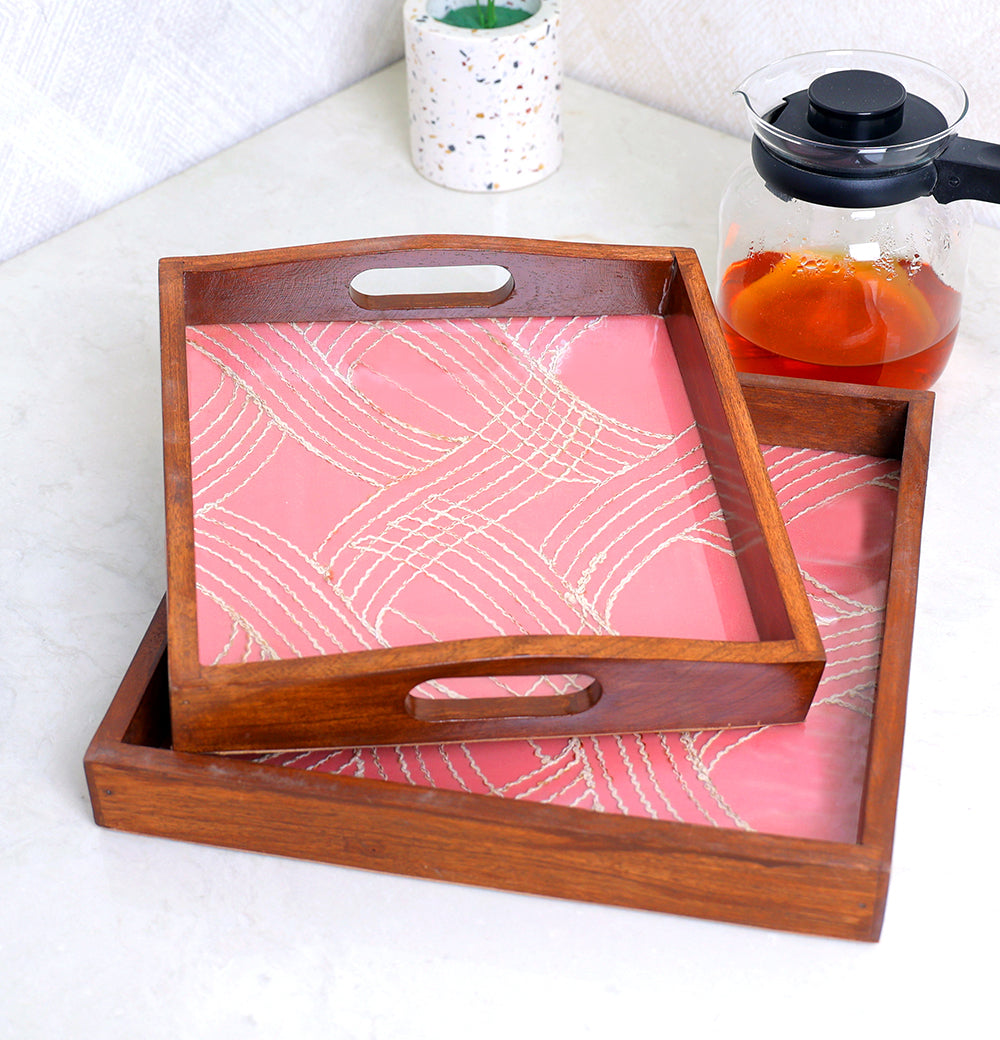 Set of two square exquisite wooden serving tray Pink