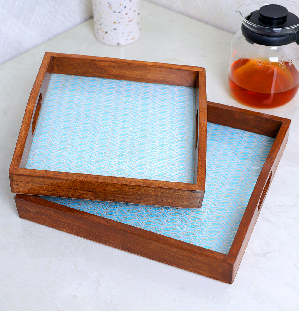 Set of two square exquisite wooden serving tray Blue
