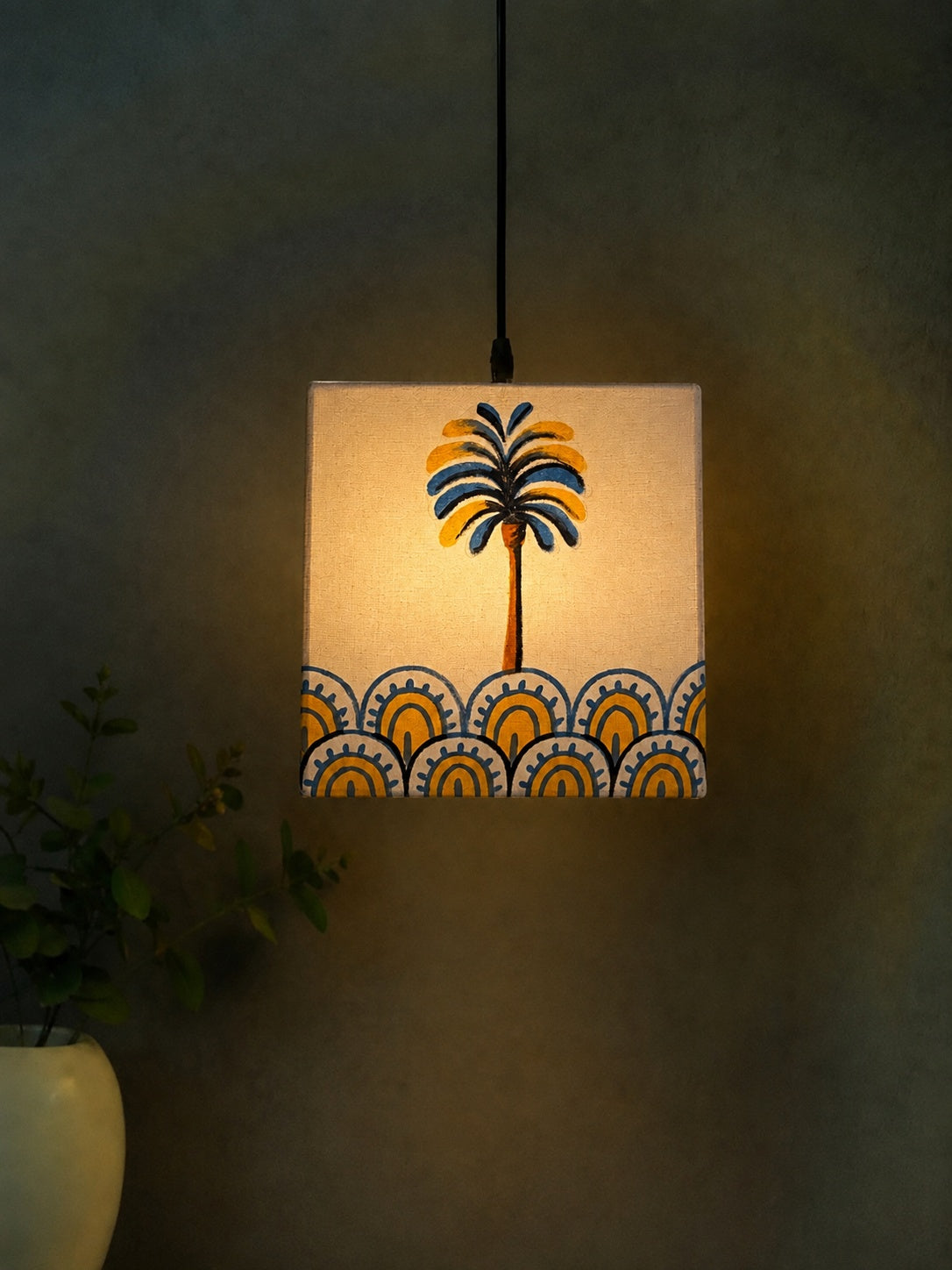 Tropical botanical leaf pattern hand-painted on a cube fabric hanging pendant shade