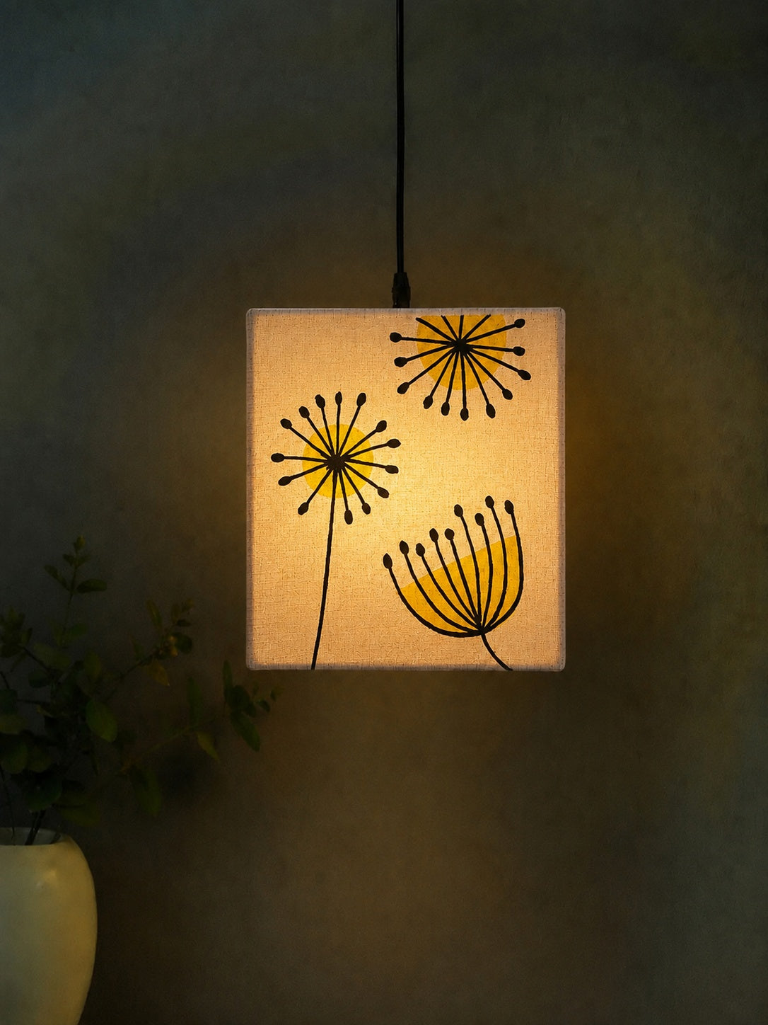 Dandelion floral motif hand-painted on a cube fabric hanging lamp shade