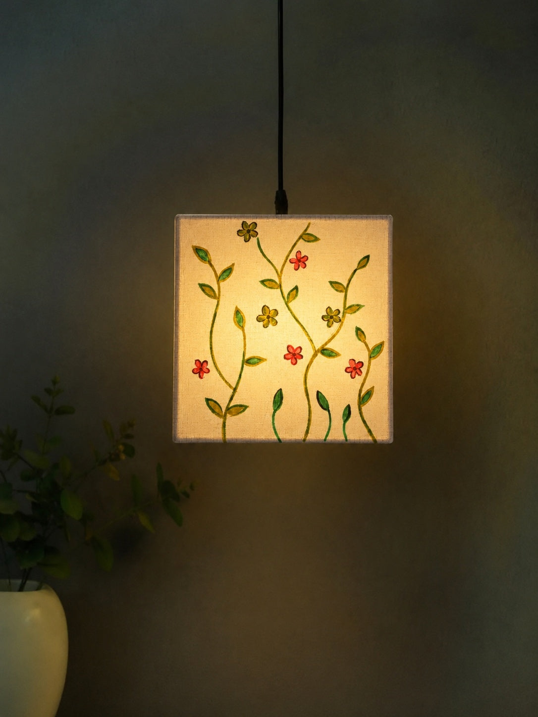 Hand-painted meadow vine pattern on a square cube fabric hanging pendant light